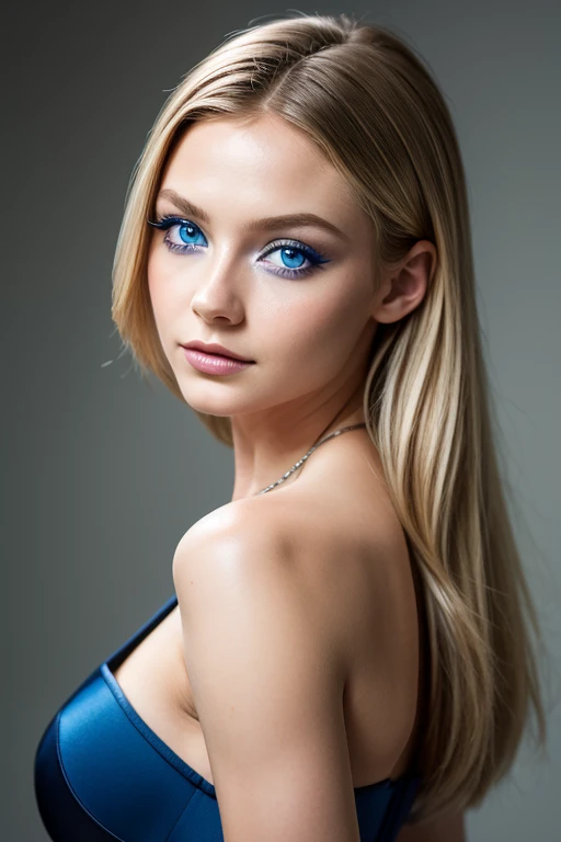 
langes Haar,  1 girl,  blue eyes, Make-up,  simple background ,  background blur, film, 