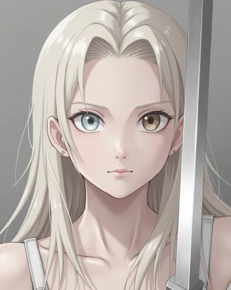  The image of a young woman with white hair ,  with heterochromia in the eyes ,  her right eye is light blue and her left eye is brown, Which
stands out a lot .  She has a long, silver sword in her hand ,  which is firmly stuck in the ground .  She wears m...