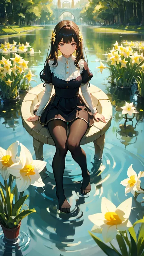  extremely exquisite and beautiful, 1 girl at home,  sitting in water ， Foot washing，pantyhose，No shoes，Daffodils