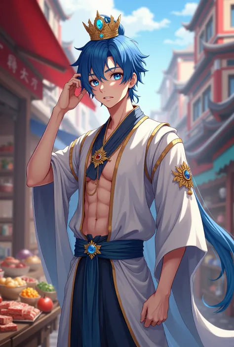 1 male teenage boy, male, formal blue hair and blue diamond glow eyes, with a hair ornament, with a cute, baby face, cute round face, fair skin, pale white skin and slender body, and chiseled body with nice abs and 6 packs, chiseled abdominal muscles, impr...