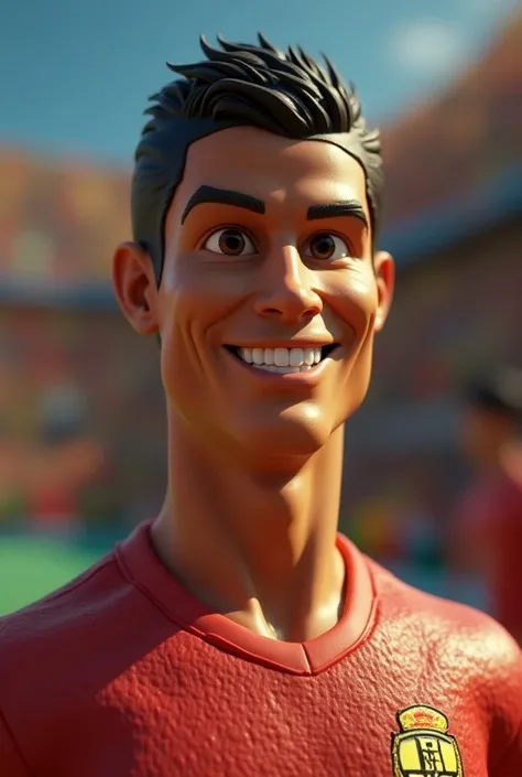 cristiano ronaldo claymation character, realistic texture, pixar animation style, colorful lighting, 35mm engle, cinemascope