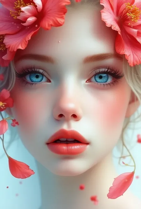 Pale Slavic woman, blue eyes, pouty red lips crafted from flowers, delicate clear frosted petals resembling thin vines, watercolor technique evoking the wet-in-wet style, reminiscent of art by Catherine Abel, Pino Daeni, Stephen Gibb, Earnest Haeckel, Naot...