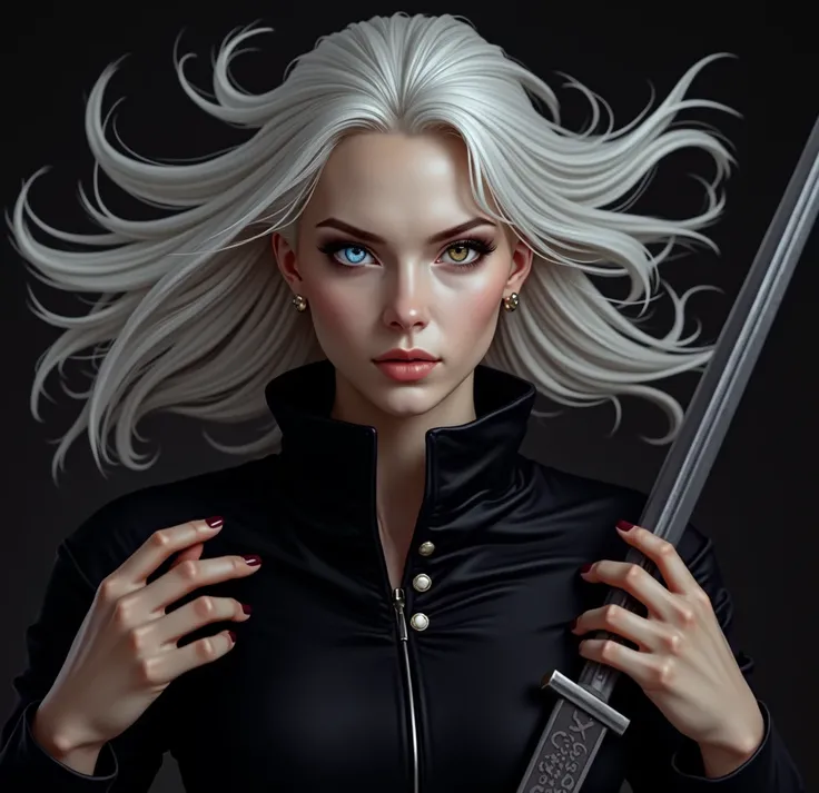  The image of a young woman with white hair ,  with heterochromia in the eyes ,  her right eye is light blue and her left eye is brown, Which
stands out a lot .  She has a long, silver sword in her hand ,  which is firmly stuck in the ground .  She wears m...