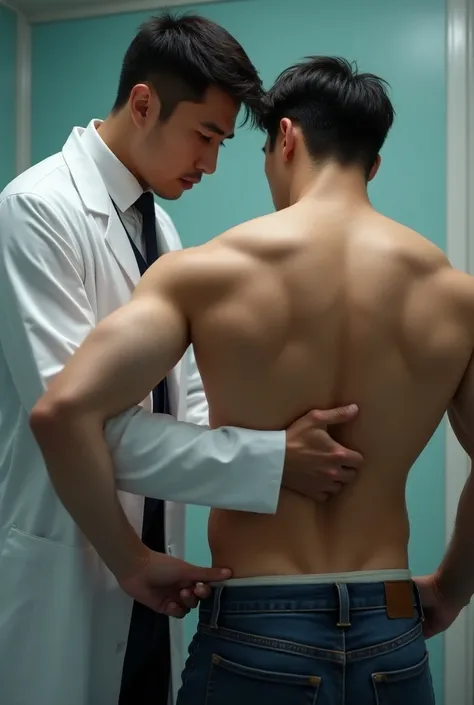 A handsome muscular manly Korean doctor is seeing handsome muscular manly Korean man patient’s hairy naked ass, the man patient is showing doctor his hairy naked ass, the man patient is wearing a full white dress shirts, the man patient is taking his jeans...