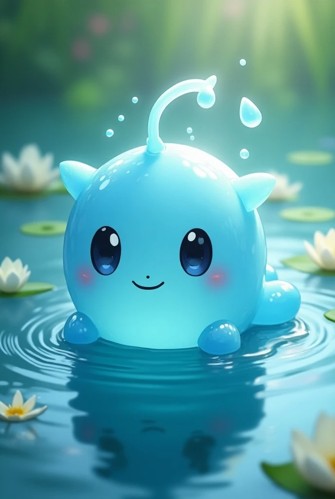  A Digimon baby type water in the shape of a adorable little ball ,  with a soft, gelatinous texture reminiscent of crystal clear water .  Its body is spherical and translucent ,  in shades of light blue and turquoise ,  with reflections that give the impr...