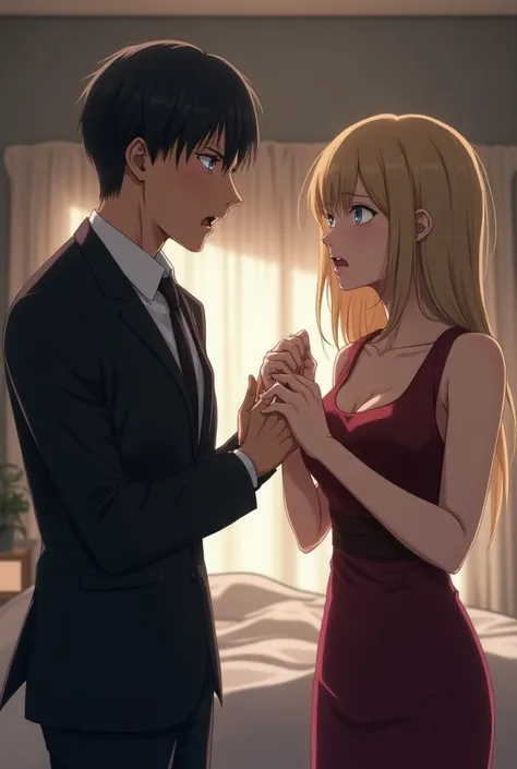 A woman mad at a man for having lipstick marks on his face, anime art style, full body. The man has neat black hair and blue eyes. Hes wearing a suit. The woman is wearing a dress. They are in a bedroom