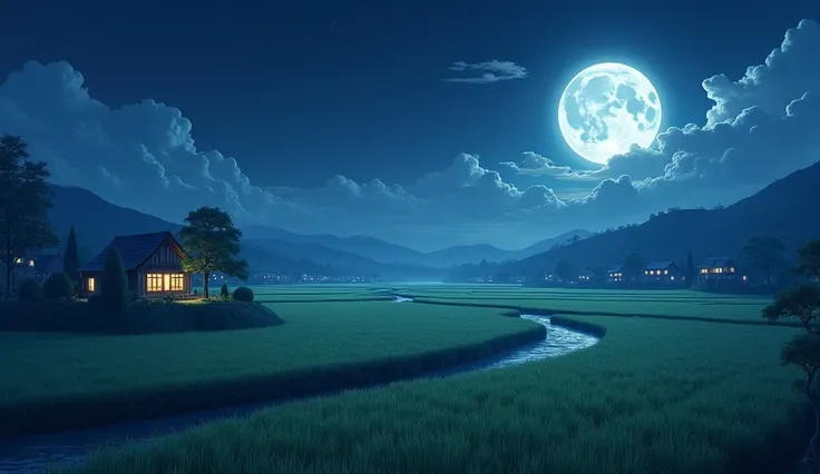 The rice fields at night are pitch black with flowing rivers accompanied by a beautiful full moon, there are trees and small houses