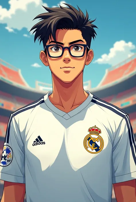 27 year old guy wearing glasses with short hair in real madrid jersey in anime style