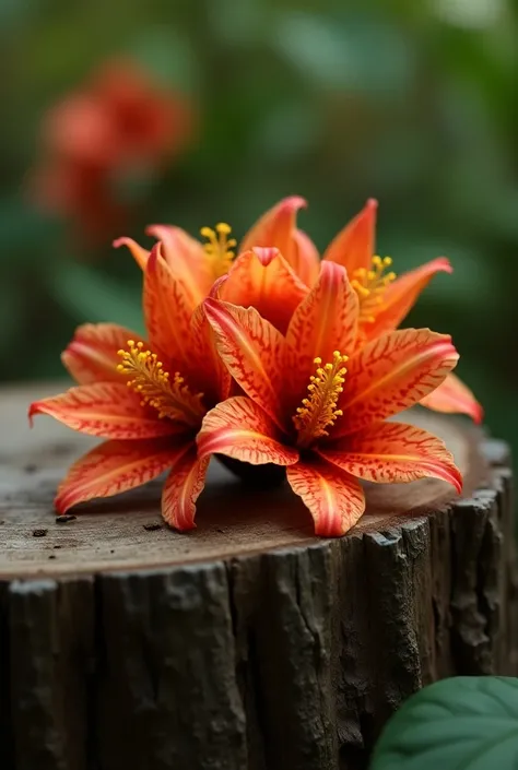 Realistic. Red patterned yellow gold blooms on the edge of a wooden stump