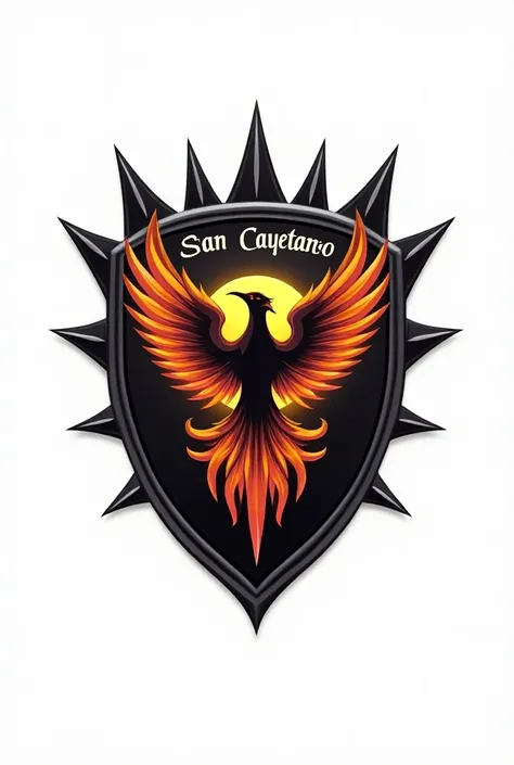 A logo with a shield that has a phoenix inside and spikes on the sides at the top say uep San Cayetano and at the bottom it says promo 29