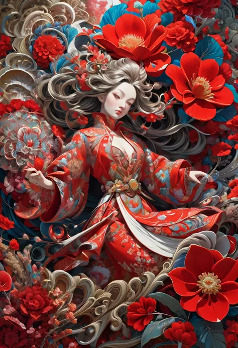 official art, unity 8k wallpaper, very detailed, beautiful and aesthetic, masterpiece, best quality, (zentangle, mandala, tangle, entangle), (fractal art:1.3) , 1 woman, Red flower, very detailed, dynamic angle, cowboy shot, The most beautiful form of chao...