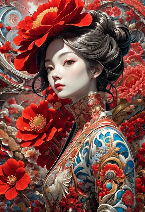 official art, unity 8k wallpaper, very detailed, beautiful and aesthetic, masterpiece, best quality, (zentangle, mandala, tangle, entangle), (fractal art:1.3) , 1 woman, Red flower, very detailed, dynamic angle, cowboy shot, The most beautiful form of chao...