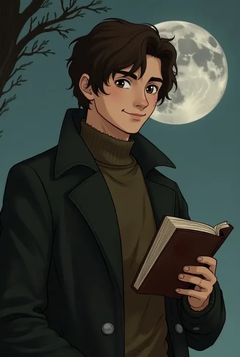  Remus Lupin in his human form ,  with a soft smile and a book in his hand .  In the background you can see the moon , who is partially covered .   He is often described as medium and slim ,  with a pale complexion and a somewhat tired ,  but friendly faci...