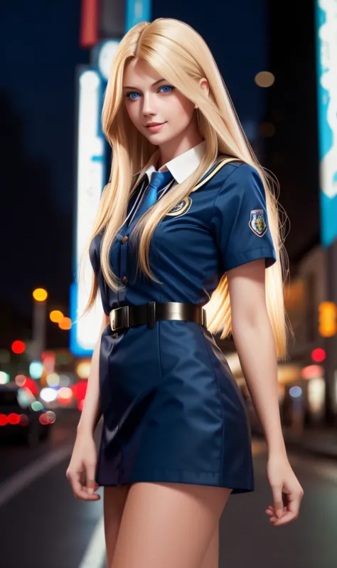 blonde woman ,  with student uniform, long hair,  blue eyes , smile,  night walks ,  billboards ,  neon reflections , realistic ...