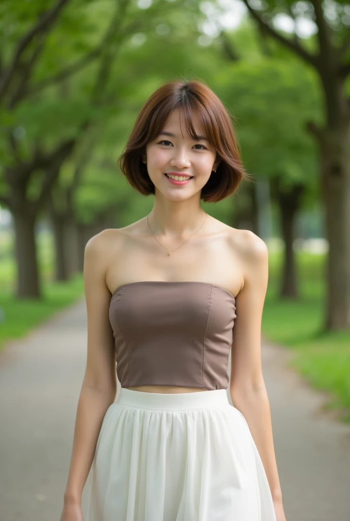 A very beautiful young woman walking in the park. fullbody. She has short brown hair, a brown-gray strapless T-shirt and white short skirt. Hazel eyes. She smiles