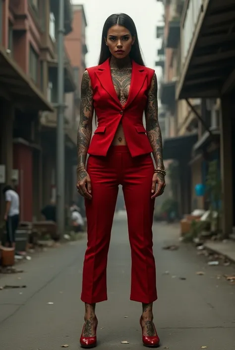 Woman in a red suit with a full body tattoo spitting on the street