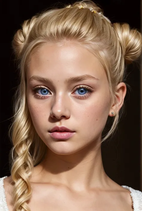 1 girl,  blond hair,  best quality, Hair bun, Princess Curls, sad,  sparkling eyes , 