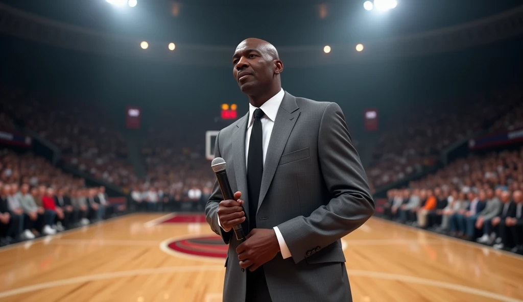 " Create a realistic 4K image of Michael Jordan entering a press conference,  standing in the center of the court , with a microphone in his hand ,  wearing a gray suit with a black tie .  The basketball court is well lit and the crowd stands in amazement....