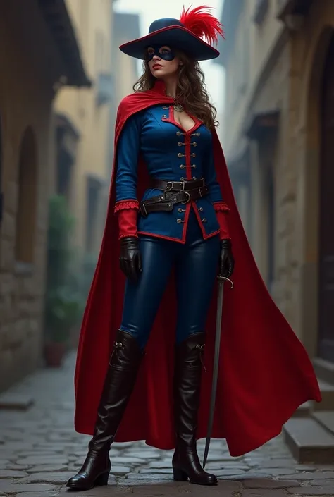 Concept art of a 17th-century female heroine with the elegance of a musketeer and the boldness of Zorro, designed as a symbol of hope. She wears a vibrant, deep blue tunic with subtle red accents along the seams and cuffs, combining elegance and practicali...