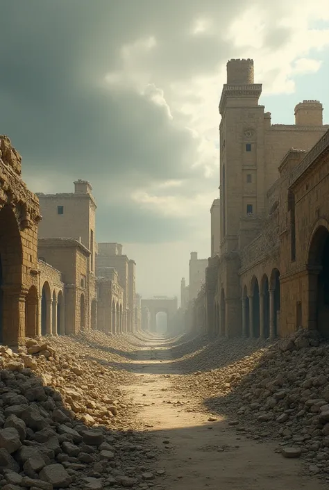  Baghdad post-Mongol assault ,  ruins of buildings under cloudy skies , quiet and dark atmosphere ,  illustrate the end of the citys golden era