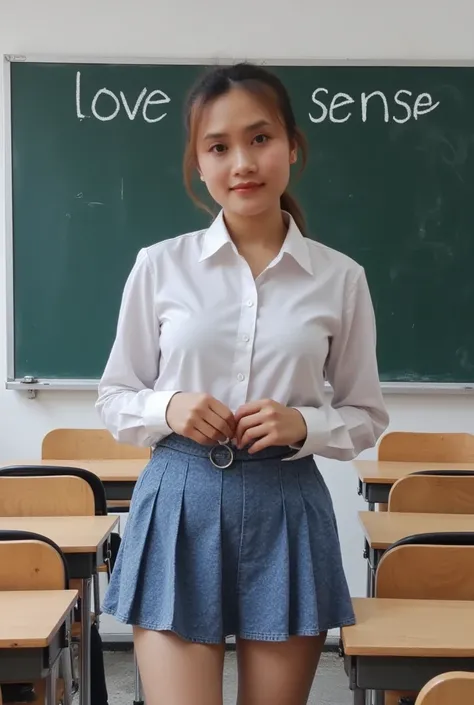 A realistic, highly detailed scene of a sexy teacher in her early 30s standing at the front of a classroom. She is wearing sexy white collared shirt, pleated mini-skirt. She has a gentle, warm expression with a slight smile, radiating patience and encourag...