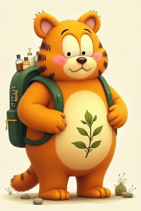 Make me a bear similar to Garfields and that has a drawing of nettle on its belly and say nettlys now in a backpack to show the products inside