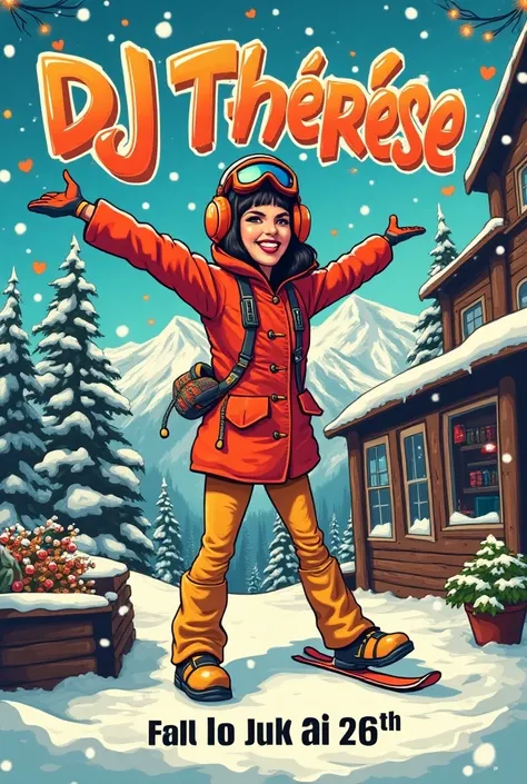 Affiche pour soiree dj, ambiance ski kitch, dejantee et humoristique
Texte à mettre sur l affiche :
Folie douce
DJ Thérèse
5 decembre
White Rabbit
