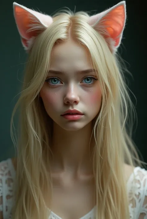 A  with long hair, golden blonde, blue eyes, pink white cat ears, crying