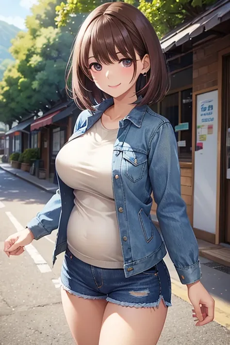 My grandmother、  Shiny Maroon Hair  ,  short hair, (  brown beautiful eyes  、  sparkling eyes , fine grain)、Smile、 Super detailed eyes、  highly detailed face ,   highly detailed eyes  ,  Cowboy Shooter、(masterpiece, Best Quality),  1 Adult Woman  , Pregnan...