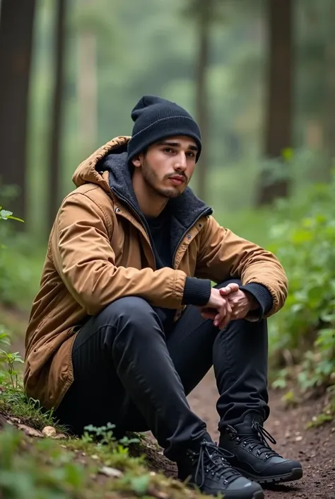 Real human photo Raka is a young Indonesian man, handsome, with a sharp nose, thin lips, short straight black hair, he is wearing plain brown winter jacket, black cargo pant,   black beannie, black mountain shoes . He is  is sitting  on the ground in the S...