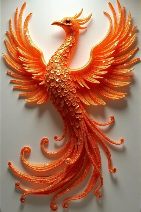 Make a sequin applique in the shape of a Phoenix with different shades of orange 