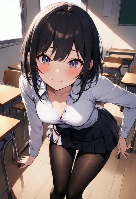  one girl playing pranks,  Five Fingers ,  miniskirt,  looking down at a viewer with an oblique face, Black Hairロングヘアー, Best Quality, Focus on the thighs,  dynamic poses, smile, blazers, blouse,  unbuttoned shirt 、 black pantyhose,  panties under pantyhose...