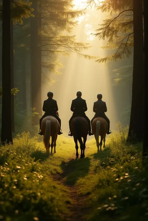 Prompt: A serene and captivating image of three men horseback riders  from back trotting through a lush, professional show jump rider wear and helmet, forest trail. Sunlight filters through the trees, casting a warm glow on the rider and their horse. The f...