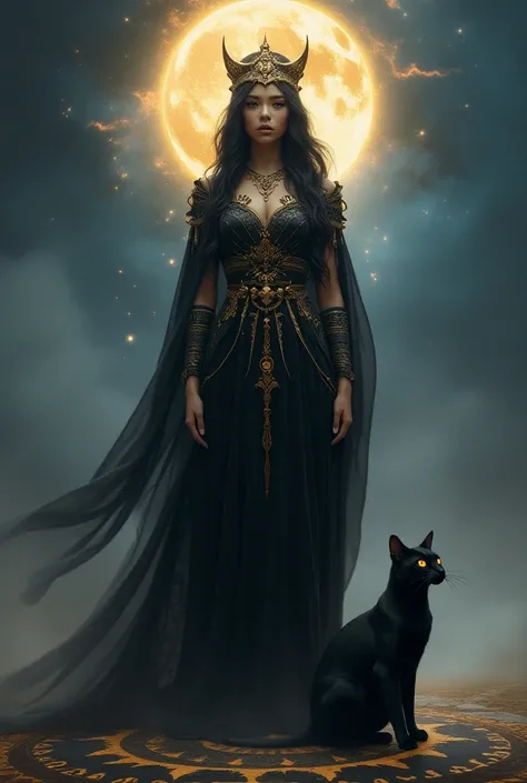 Can you create a magical guardian goddess with her black cat 