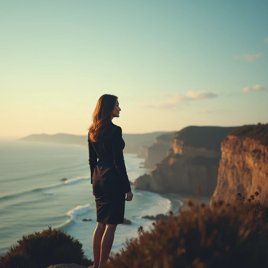 Alta qualidade, 8K Ultra HD, A realistic image of a businesswoman looking at the horizon with determination, suggesting the conscious choice to explore new opportunities with courage, cor completa incrível