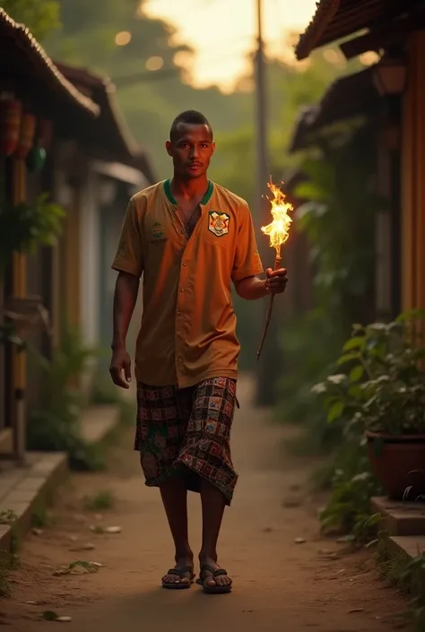 Ronaldinho, wearing a Brazilian football jersey Ronaldinho,Wearing Long pants light brown pants with black Indonesia batik motifs,(Wearing a black kufiah), wearing flip-flops,Walking, dirt road background in a typical Indonesian small alley,(Carrying a bam...