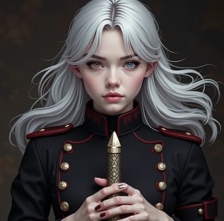  The image of a young woman with white hair ,  with heterochromia in the eyes ,  her right eye is light blue and her left eye is brown, Which
stands out a lot .  She has a long, silver sword in her hand ,  which is firmly stuck in the ground .  She wears m...