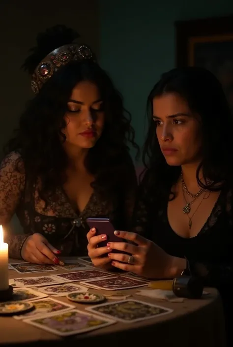 Young black woman, beautiful, holding a smartphone, seemed embarrassed in front of a fatty lady gypsy, during a tarot session, while the lady gypsy take cards for the young black woman 
