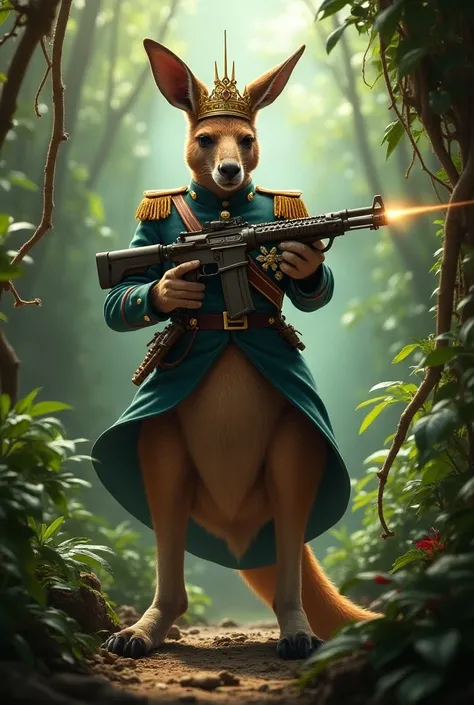 Kangaroo complete with kings crown on his head and army clothes and with a gun shooting in the jungle