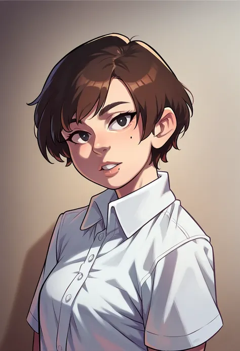 1girl, solo, looking at viewer, short hair, brown hair, shirt, white shirt, upper body, parted lips, teeth, collared shirt, mole, black eyes, mole under eye, realistic, photo background