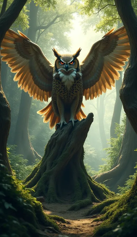 Big owl sitting in the woods of a tree in the forest