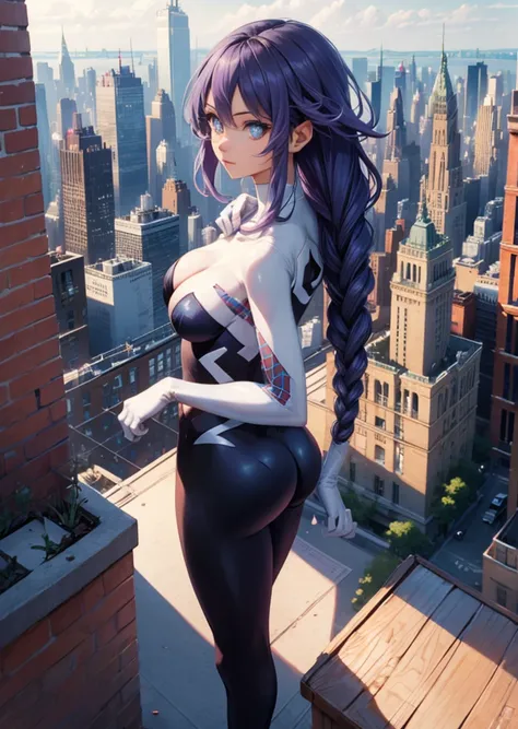 She is on a rooftop with her back ,  a very detailed New York cityscape in the background, Mirada Pícara by Pelo Morado,  very long hair , Making the Spider-Man gesture with his hands, Image to Backlight