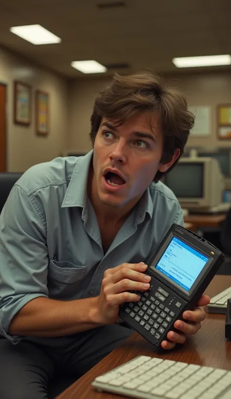 "An image of a person in 1994 holding the IBM Simon smartphone with a surprised expression, marveling at the device’s touchscreen and basic apps. The setting reflects a 1990s office or home environment, with vintage computers, floppy disks, and classic dec...