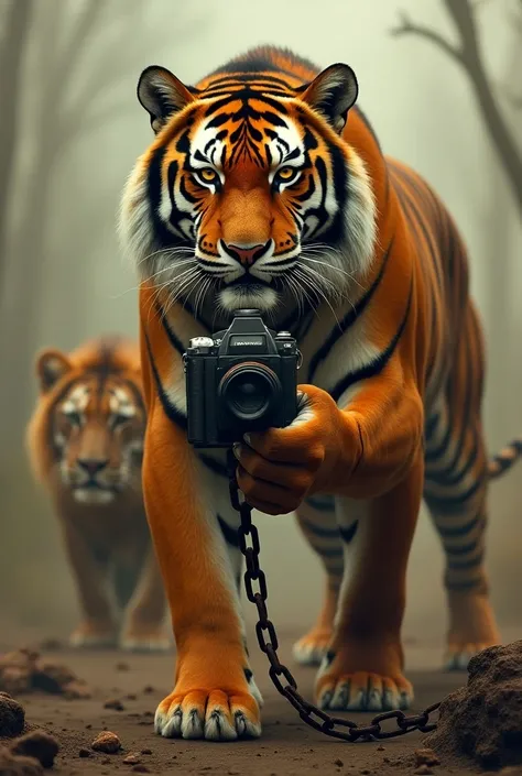  Create an image of a tiger taking a picture of itself with a lion tied to chains 