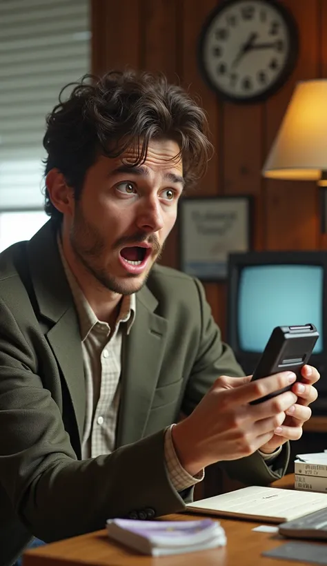 "An image of a person in 1994 holding the IBM Simon smartphone with a surprised expression, marveling at the device’s touchscreen and basic apps. The setting reflects a 1990s office or home environment, with vintage computers, floppy disks, and classic dec...