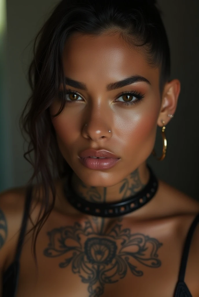  Brazilian woman , Young, not, Mohican, piercing de septo, facial tattoos, Dimples, thick belt around the neck, Bratty expression , shiny latex bodysuit, close-up, Ultra HD, retina, masterpiece, Necessary,  Anatomically correct ,  textured skin ,  Super de...