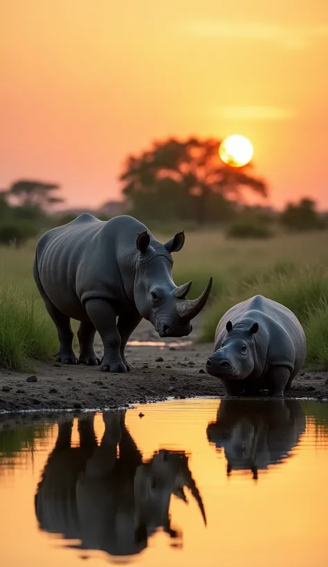  Impressive natural scene with a rhinoceros and a hippopotamus near a calm river in an African savanna at sunset. The rhinoceros,  with its thick, gray skin and a single horn , It is on dry land ,  as the hippopotamus ,  large and rounded ,  it is partiall...