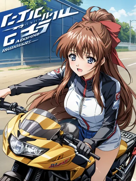   Anime Illustration  , 1 person,    hair bow、  motorcycle riding 　  race queen　  magazine cover