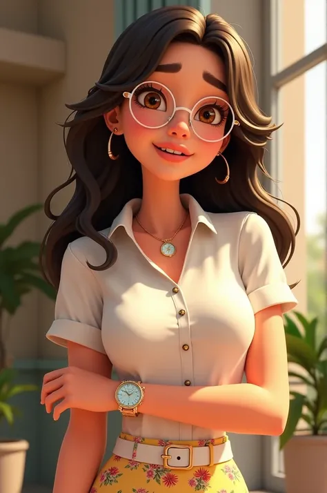  A young Pixar style woman beautiful round face with thin eyebrows she is dressed in a white button-down blouse in the front with a flowing and floral fabric skirt with a white belt and a shoe her eyes are expressive, In honey color she wears white glasses...