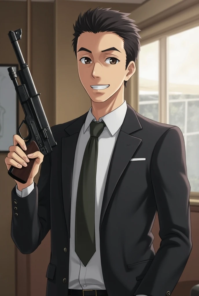 Mr. Shiraishi from the Kinki Reimu Bureau is holding a gun